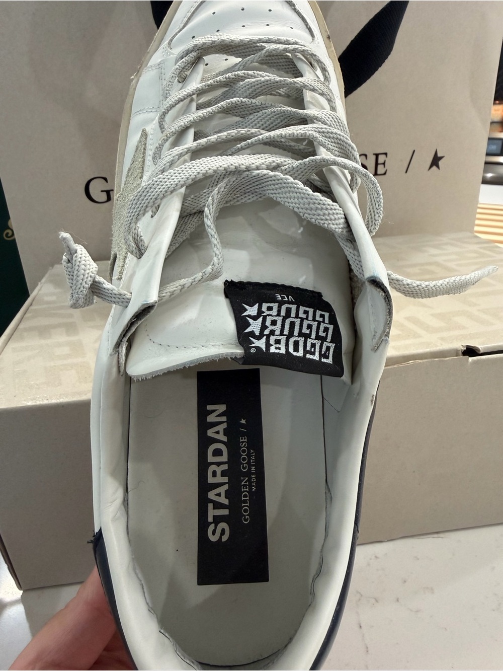 Golden Goose StarDan White Leather Low-Top Sneakers with Gray Star and Navy Heel - Picture 5 of 8
